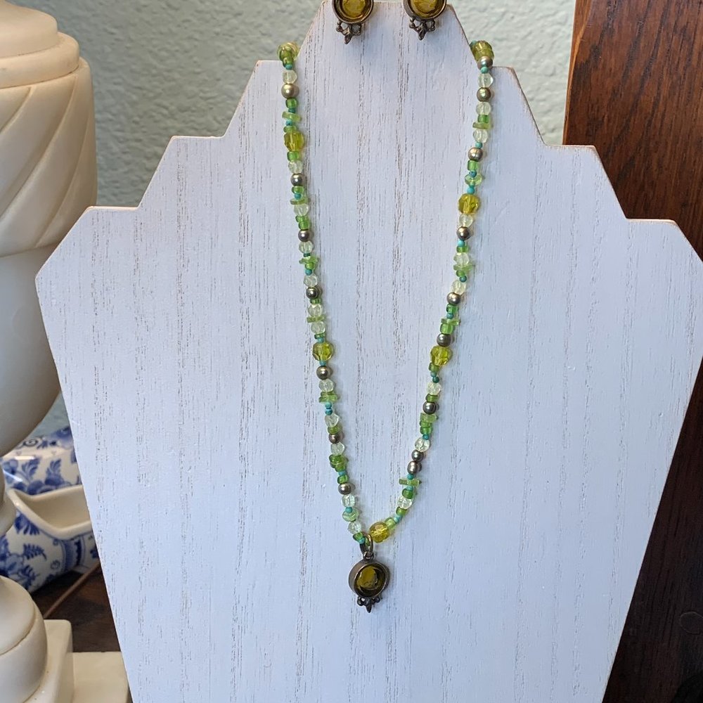 Extasia amber German glass intaglio beaded necklace and earrings